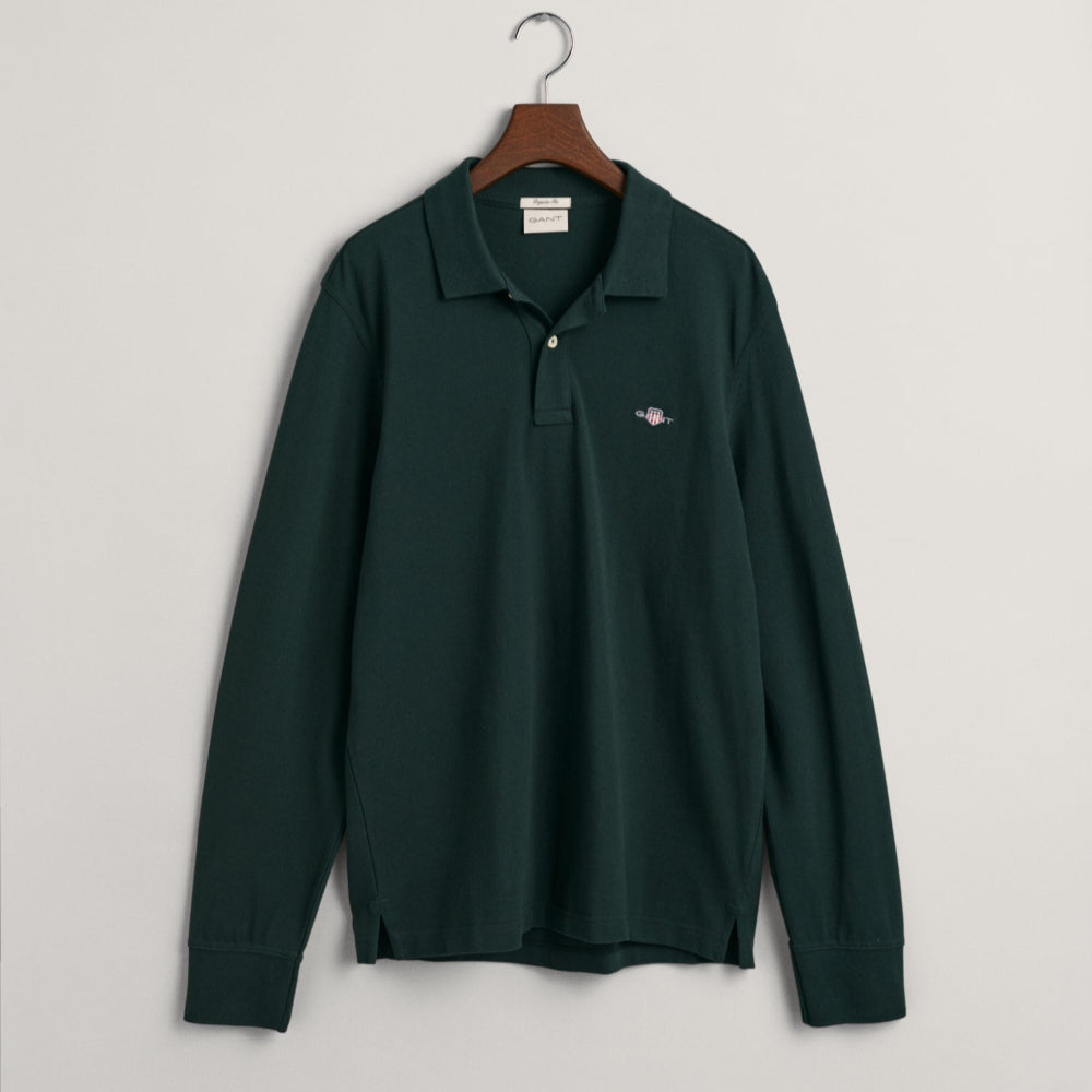 GANT Reg Shield Long-Sleeve Pique Rugger Top, Tartan Green