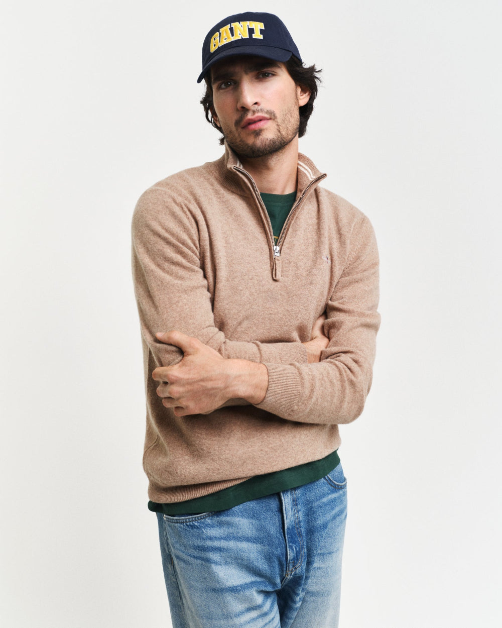 Superfine Lambswool Half Zip Top, Dark Sand Melange