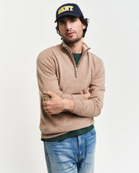 Superfine Lambswool Half Zip Top, Dark Sand Melange