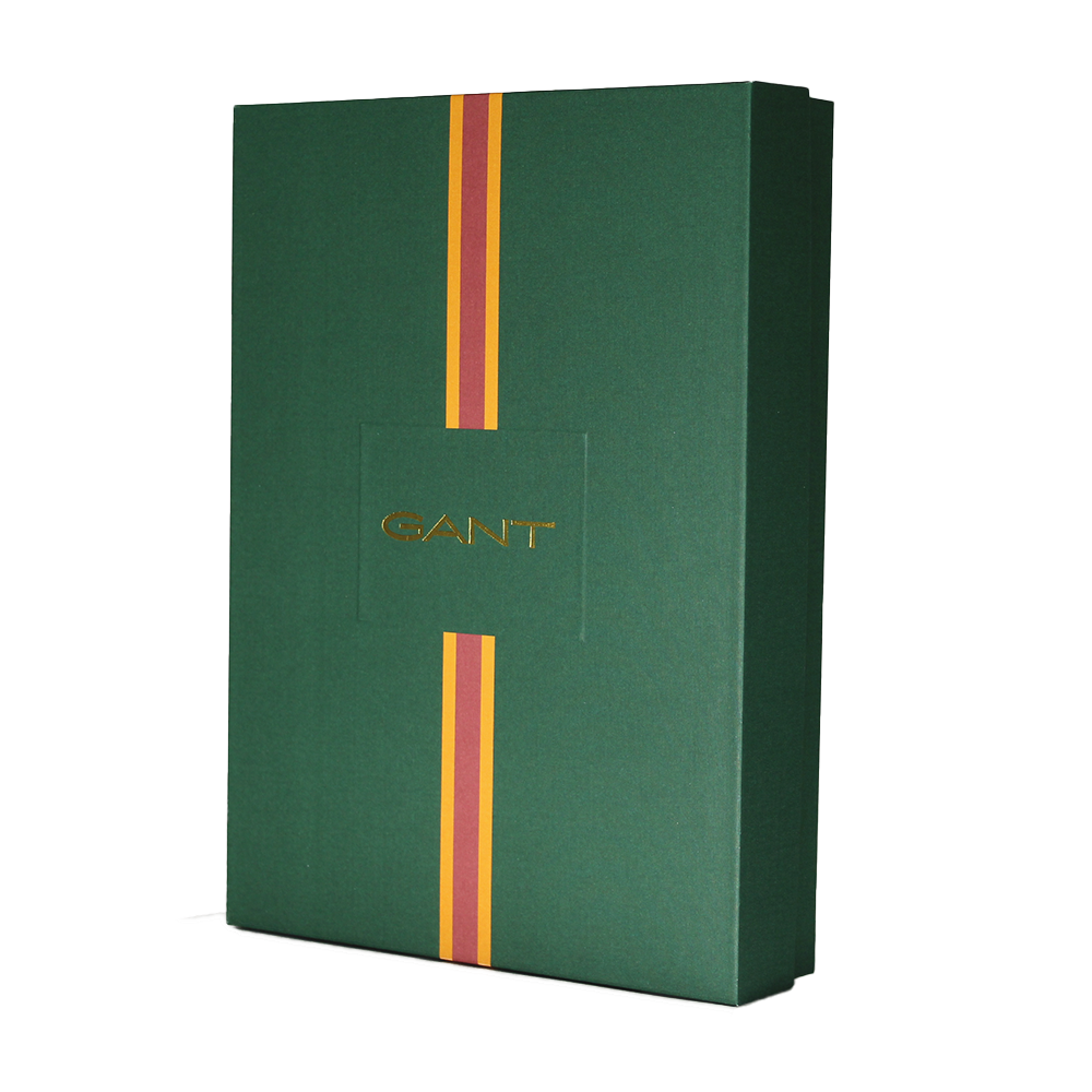 Green Gant box with red and yellow stripes on a white background
