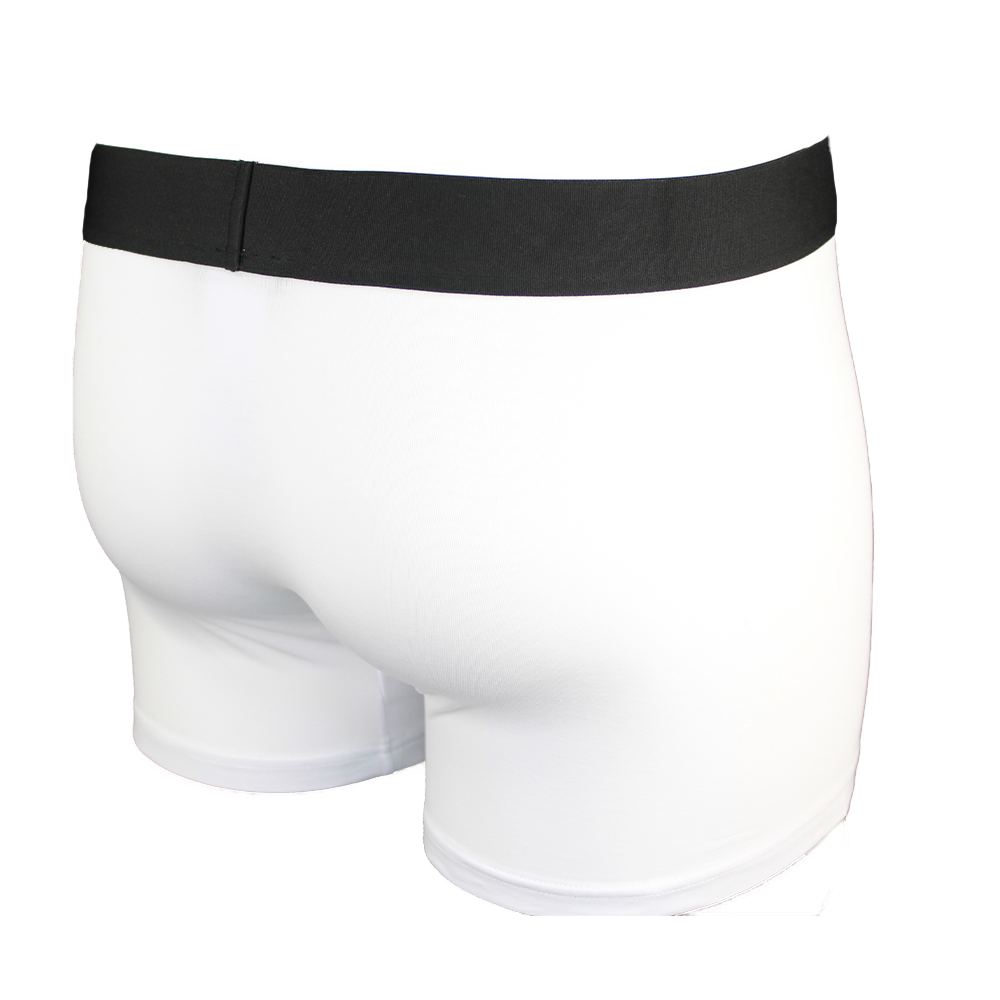 White boxer briefs with a black waistband on a white background