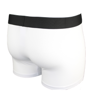 White boxer briefs with a black waistband on a white background