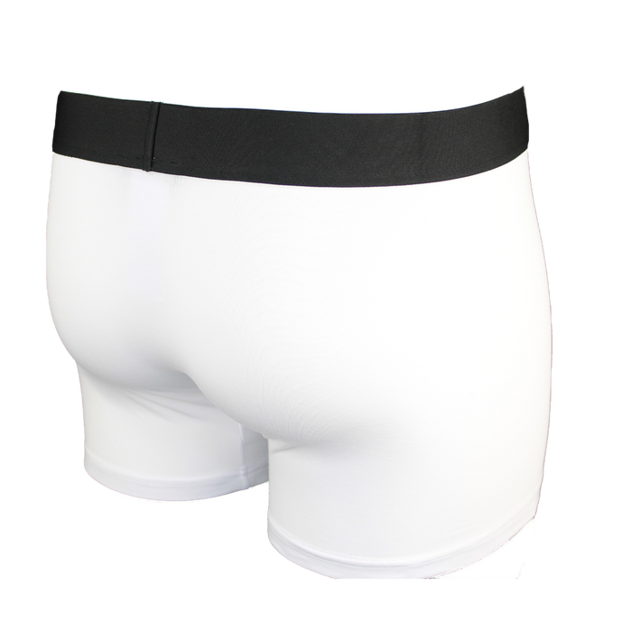White boxer briefs with a black waistband on a white background