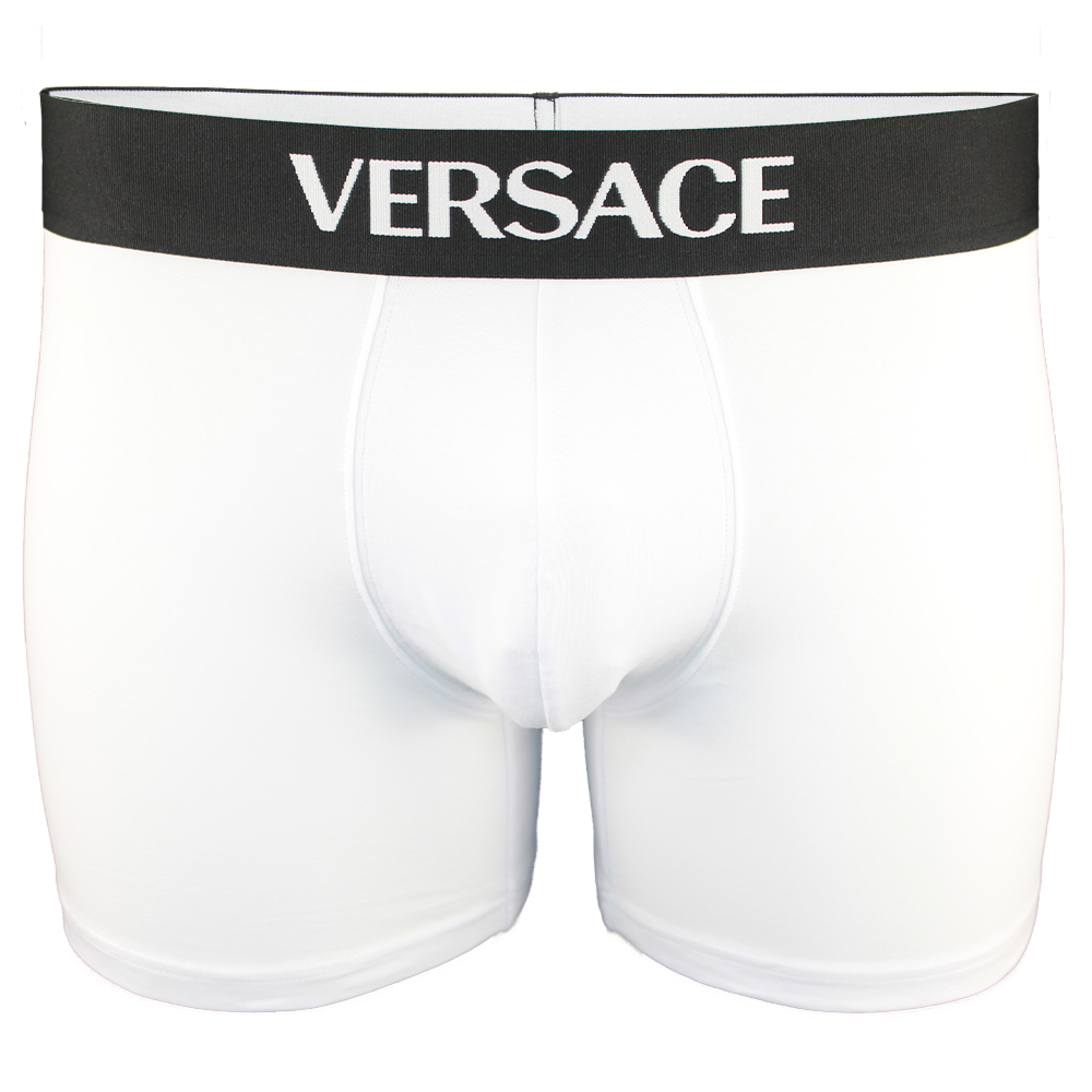 White boxer briefs with a black Versace waistband on a white background