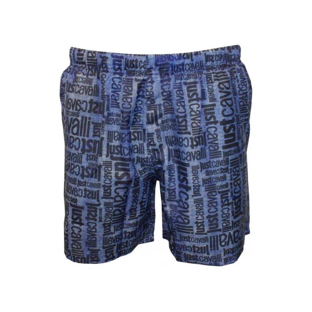 Jeans-effect Faded All Over Logo Print Swim Shorts, Blue-Just Cavalli-UNDERU