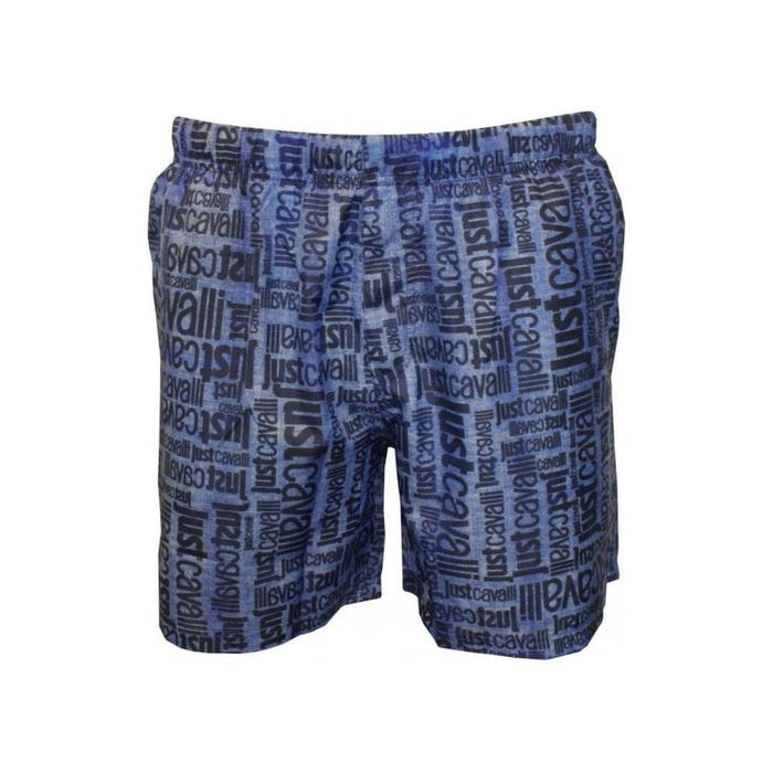 Jeans-effect Faded All Over Logo Print Swim Shorts, Blue-Just Cavalli-UNDERU