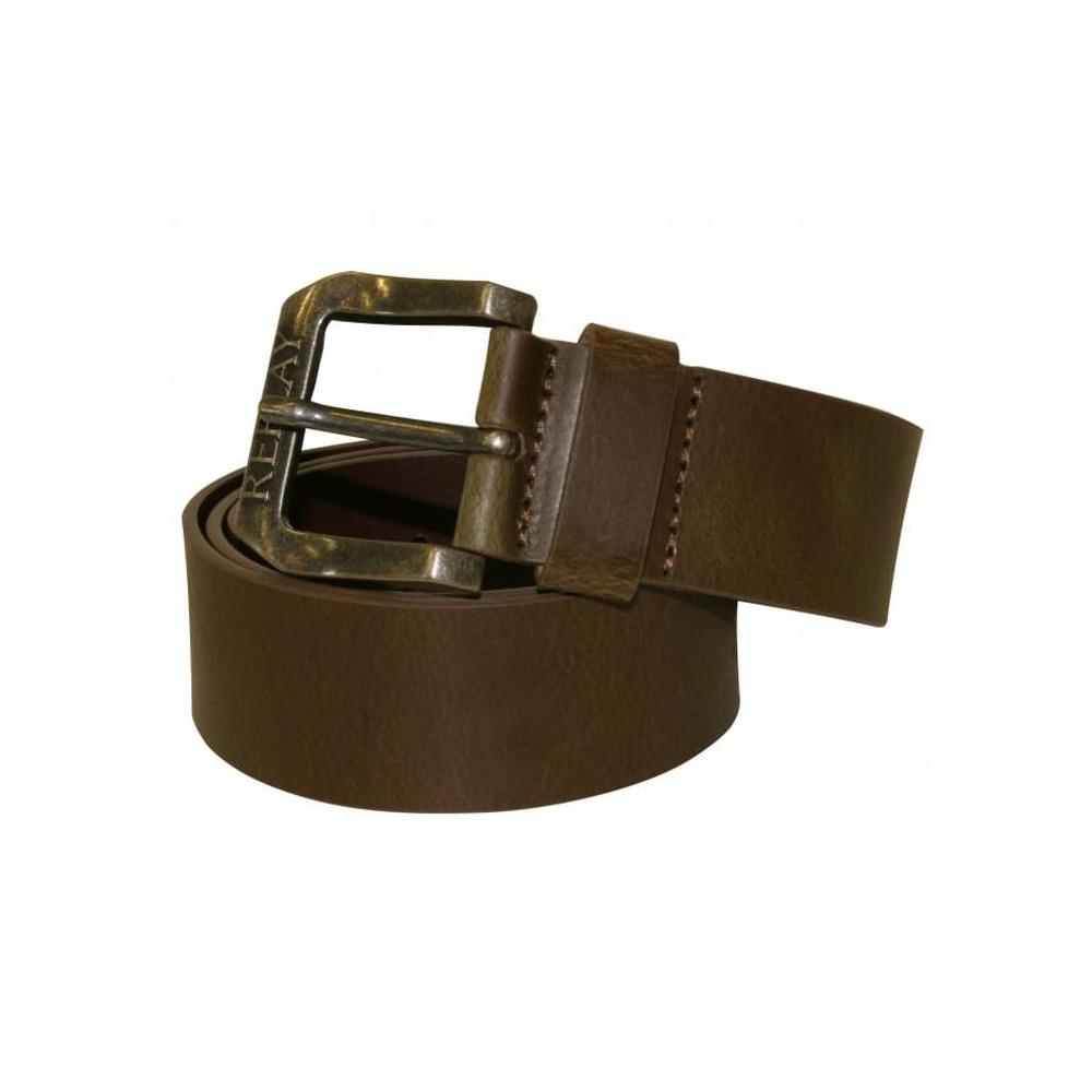 Embossed Buckle Leather Belt, Wood Brown-Replay-UNDERU