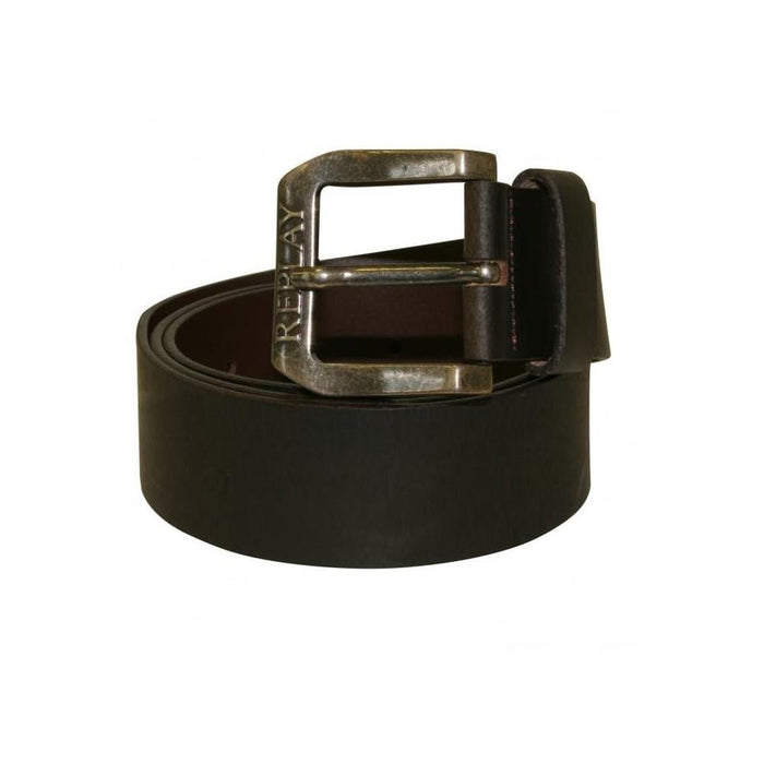 Embossed Buckle Leather Belt, Dark Brown-Replay-UNDERU