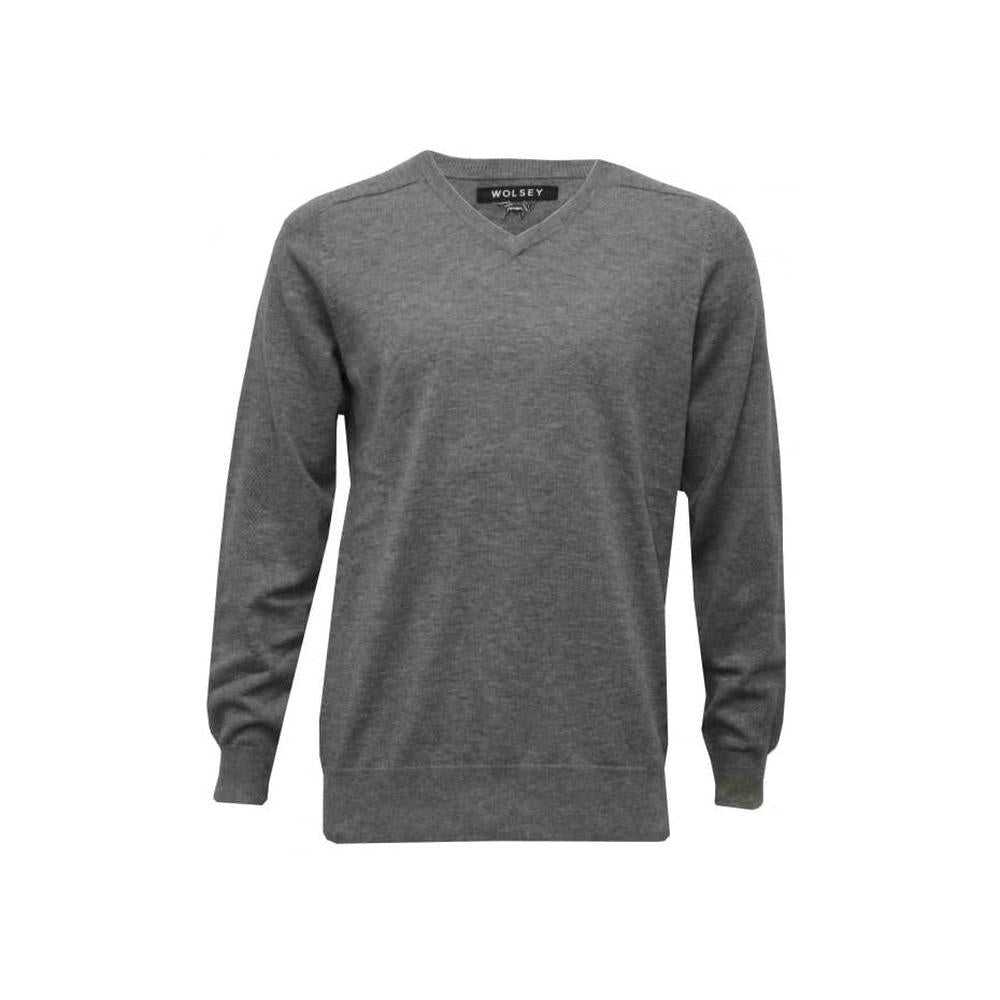 100% Extra Fine Merino Wool V-Neck Sweater, Grey Melange-Wolsey-UNDERU