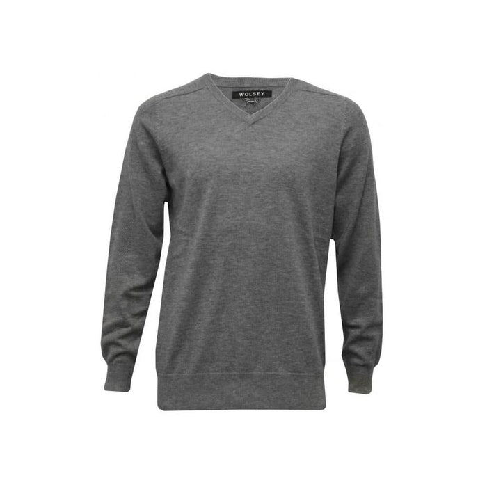 100% Extra Fine Merino Wool V-Neck Sweater, Grey Melange-Wolsey-UNDERU