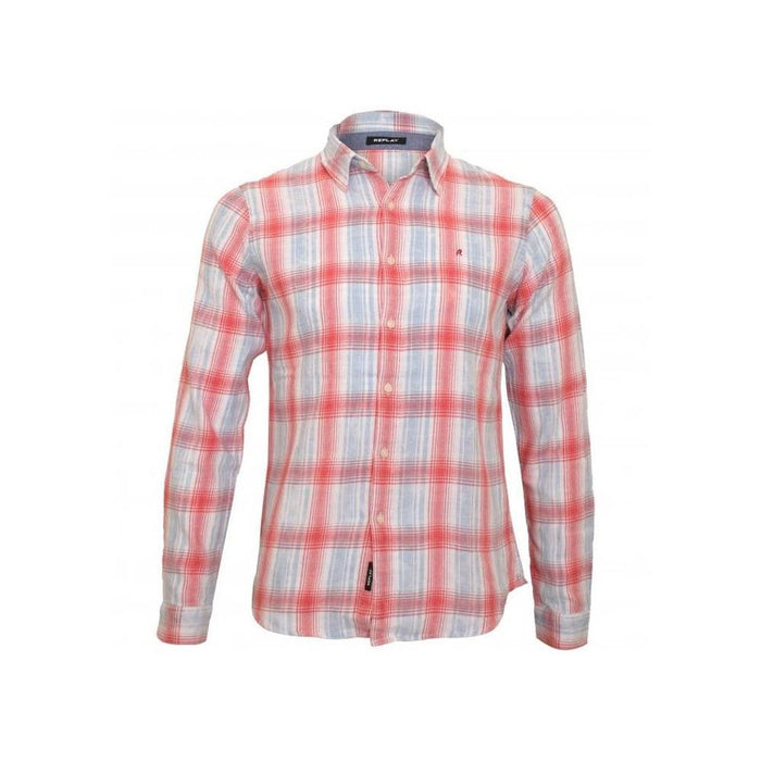 Brushed Flannel Plaid Print Shirt, White/Blue/Red-Replay-UNDERU