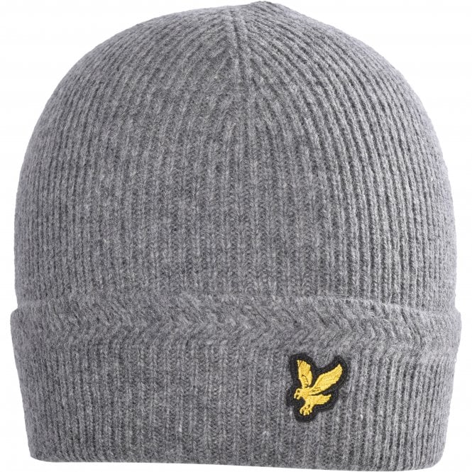Lambswool Racked Rib Beanie Hat, Mid Grey Marl-Lyle & Scott-UNDERU