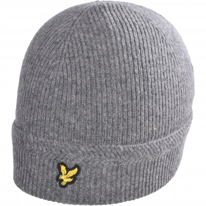Lambswool Racked Rib Beanie Hat, Mid Grey Marl-Lyle & Scott-UNDERU
