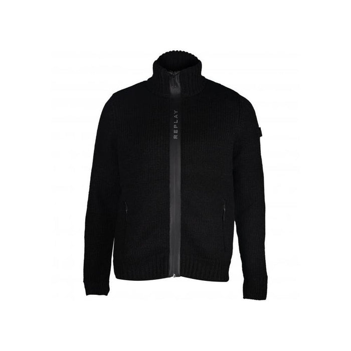 Heavy-Knit, Wool Blend Full-Zip Jumper, Black-Replay-UNDERU
