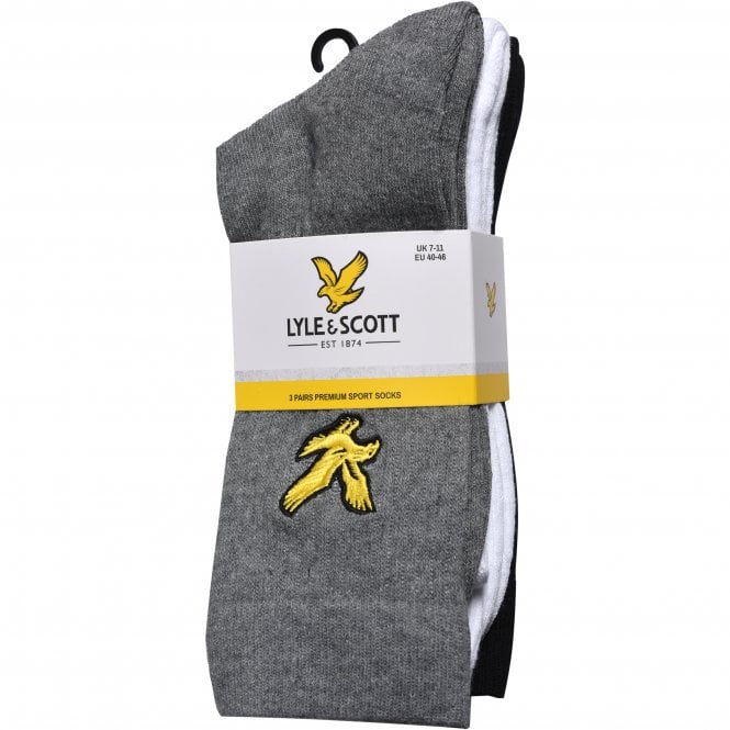 3-Pack Big Eagle Logo Sports Socks, Black/White/Grey-Lyle & Scott-UNDERU