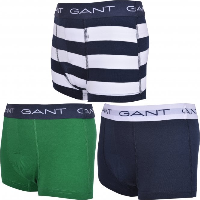 3-Pack Rugby Stripe Boys Boxer Trunks, Green/Navy-GANT-UNDERU
