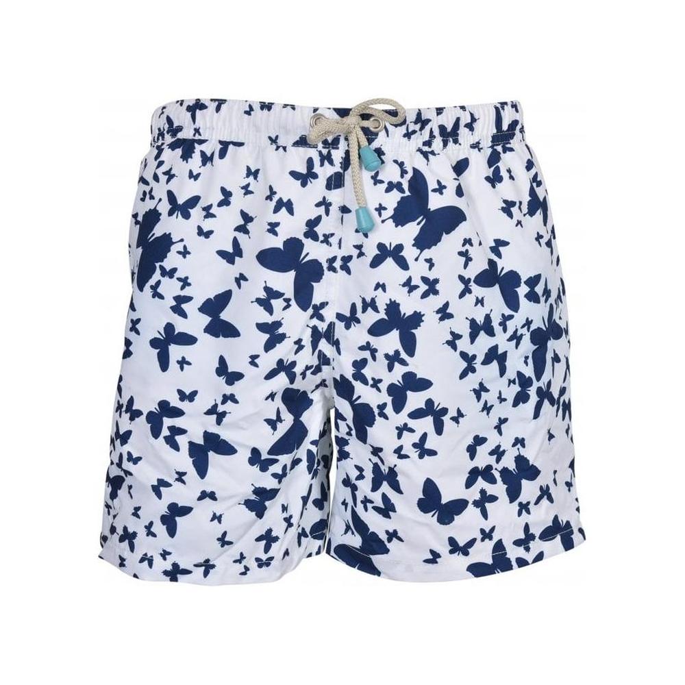 Butterfly Print Boys Swim Shorts, White/Navy-Oiler & Boiler-UNDERU