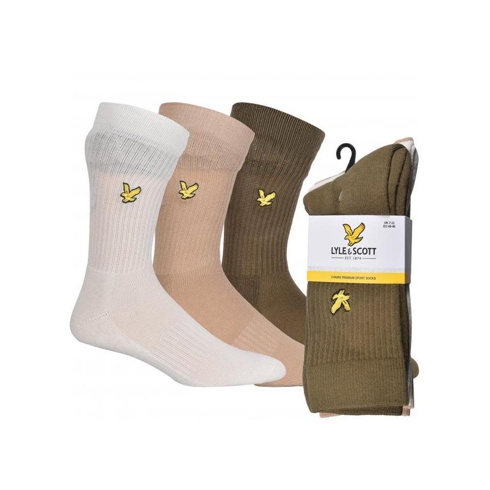 3-Pack Golden Eagle Logo Sports Socks, Olive/Cream/Beige-Lyle & Scott-UNDERU