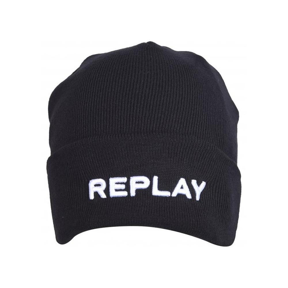 Embroidered Logo Beanie Hat, Black-Replay-UNDERU