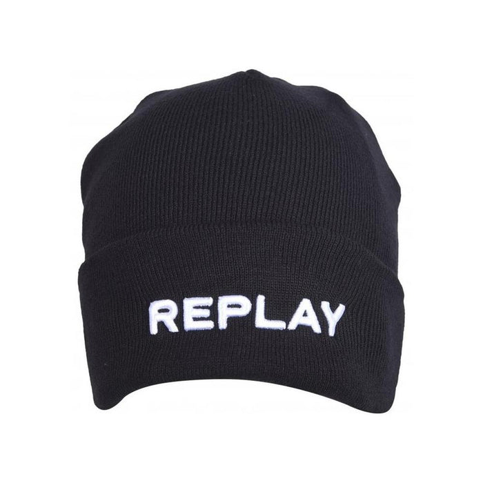 Embroidered Logo Beanie Hat, Black-Replay-UNDERU