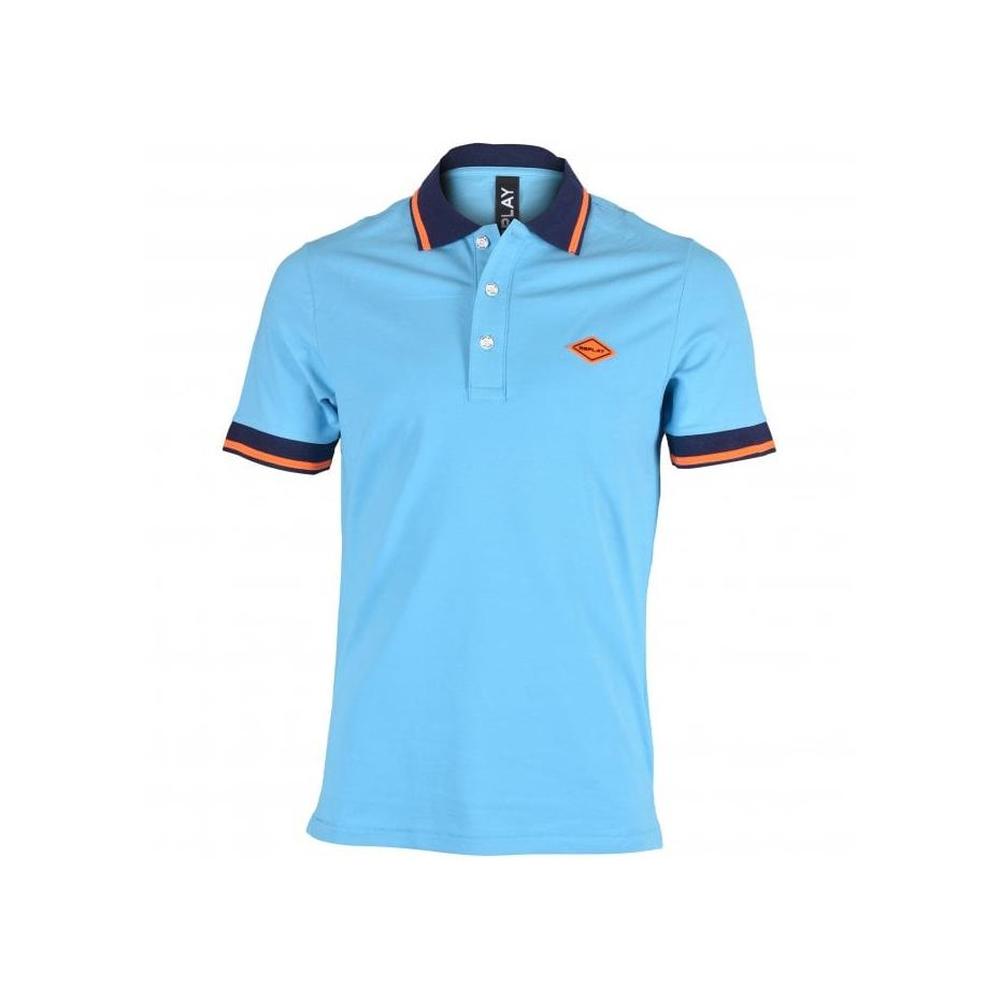 Replay-Contrast Collar Stretch Pique Polo Shirt, Azure Blue-UNDERU
