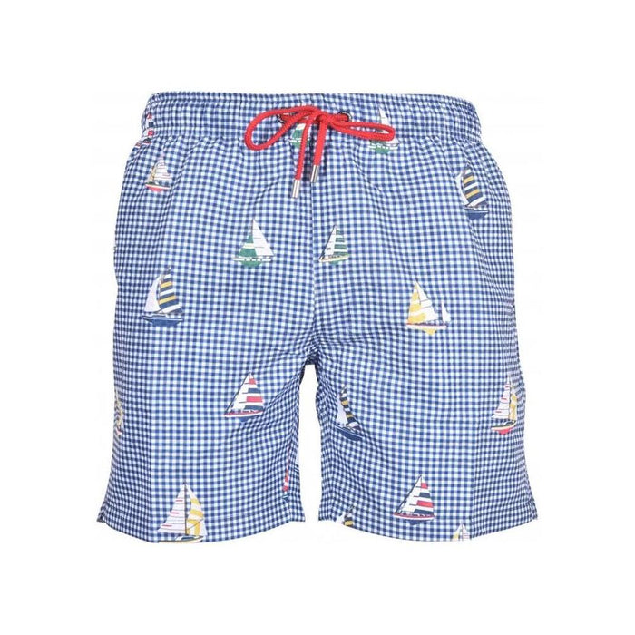 Franks-Embossed Sailboats Seersucker Swim Shorts, Navy-UNDERU