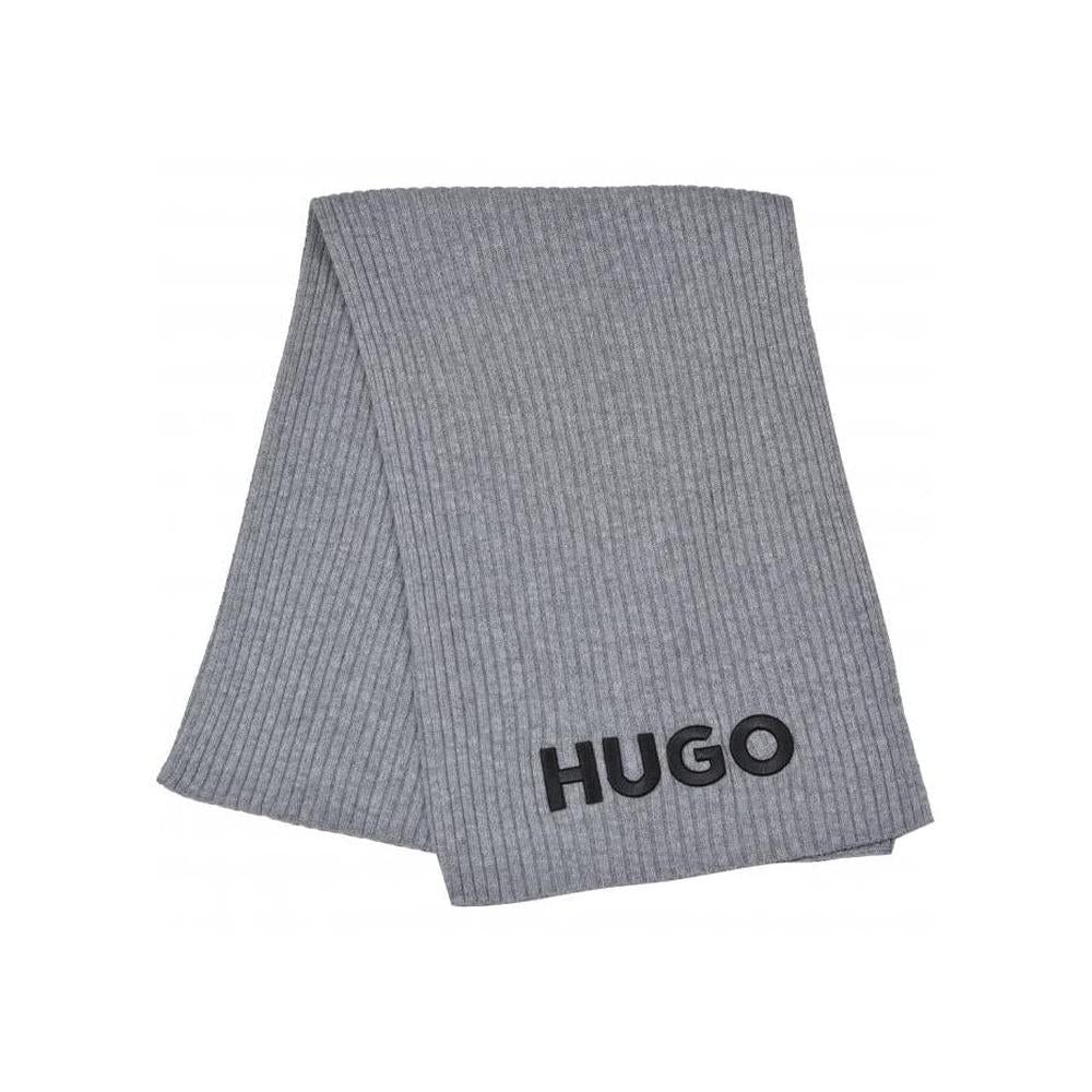 HUGO-Zunio Ribbed Virgin Wool Embroidered Logo Scarf, Grey Melange-UNDERU