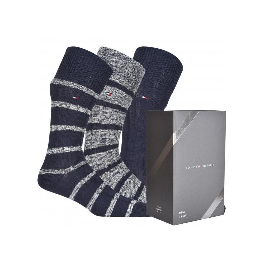 Tommy Hilfiger-3-Pack Mouline Stripe Ribbed Boots Socks Gift Box, Navy Combo-UNDERU
