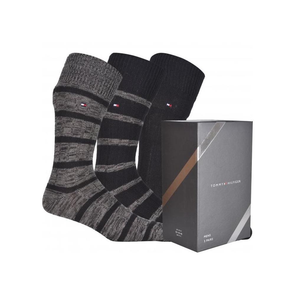 Tommy Hilfiger-3-Pack Mouline Stripe Ribbed Boots Socks Gift Box, Black Combo-UNDERU