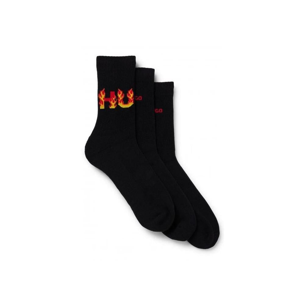 HUGO-3-Pack Flames Logo Ribbed Sports Socks, Black-UNDERU