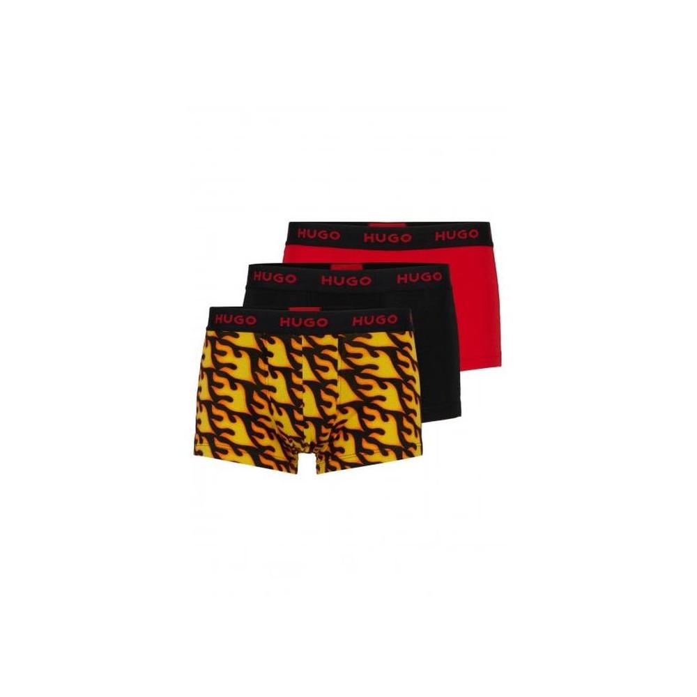 HUGO-3-Pack Flames Print Boxer Trunks, Black/Orange/Red-UNDERU